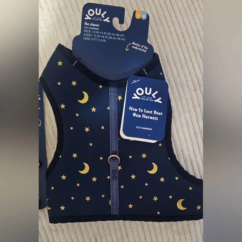 Youly the classic Navy Moon & Stars Cat Harness, Leash and Collar Set (S/M)